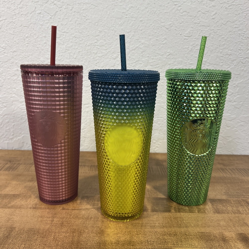 Starbucks Studded Coffee Tumblers Green, Blue-Yellow Lemon, Rose Pink 24 Oz Lot